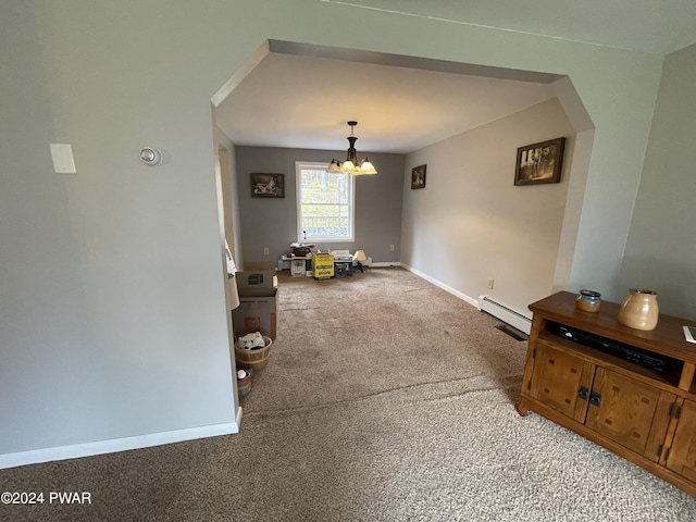 unfurnished dining area with a baseboard heating unit, light colored carpet, and a chandelier