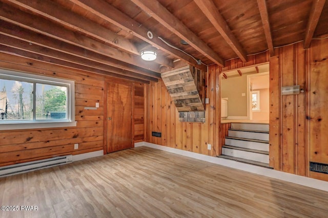 110 Maple Dr, Greentown, PA 18426 - additional living space featuring wooden walls, a baseboard radiator, wood finished floors, and stairway