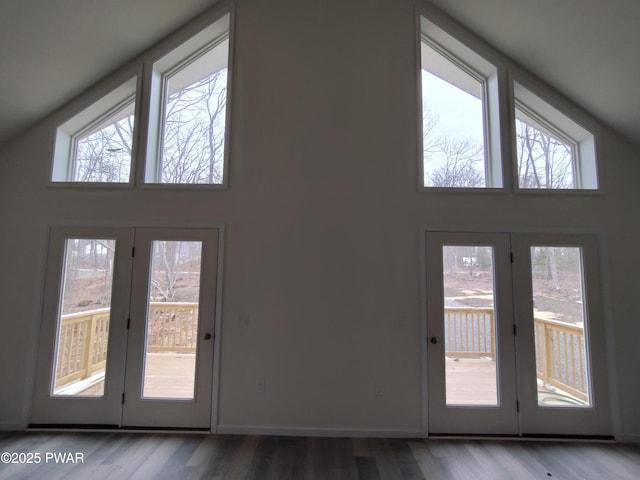4409 Middleton Dr, Milford, PA 18337 - doorway with plenty of natural light, a high ceiling, wood finished floors, and baseboards