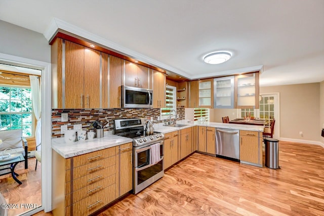 kitchen featuring backsplash, light hardwood / wood-style floors, sink, and stainless steel appliances