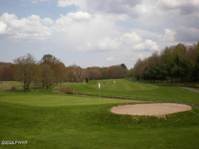 view of community with golf course view and a yard