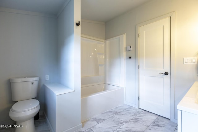 full bathroom with marble finish floor, vanity, and toilet