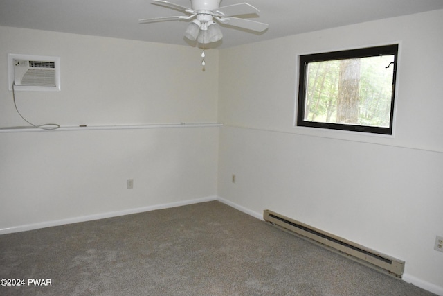 unfurnished room with carpet floors, a wall unit AC, ceiling fan, and a baseboard heating unit