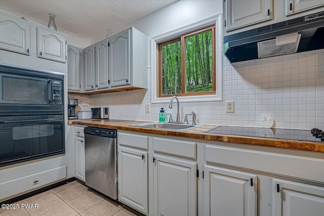 102 Keystone Ct, Dingmans Ferry, PA 18328 - kitchen with black appliances, tasteful backsplash, light tile patterned floors, and extractor fan