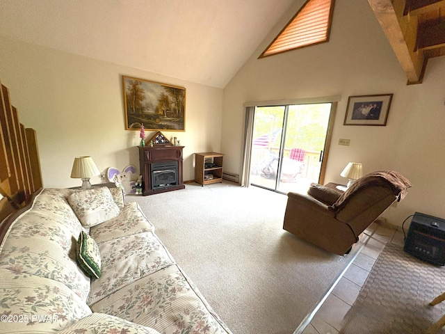 living room with high vaulted ceiling