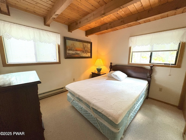 carpeted bedroom with baseboard heating, wood ceiling, multiple windows, beamed ceiling, and baseboards