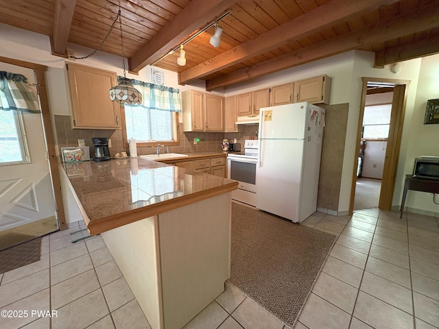 kitchen featuring white appliances, wooden ceiling, a sink, track lighting, and light brown cabinetry