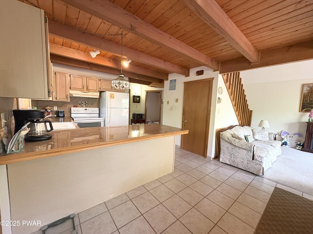 kitchen featuring white appliances, wooden ceiling, under cabinet range hood, light tile patterned flooring, and a peninsula