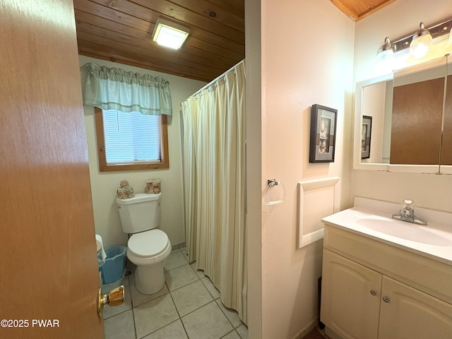 bathroom with toilet, tile patterned flooring, vanity, wood ceiling, and curtained shower