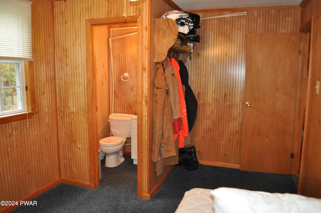 bathroom featuring wooden walls and toilet