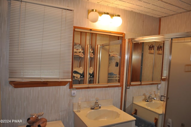 bathroom featuring a sink and wood walls