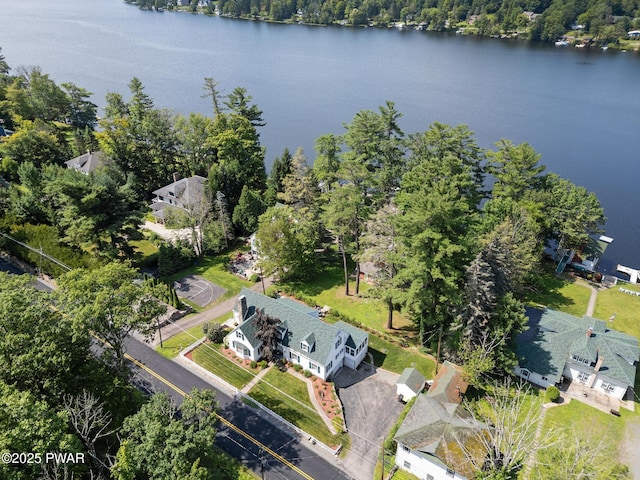 birds eye view of property with a water view and a view of trees