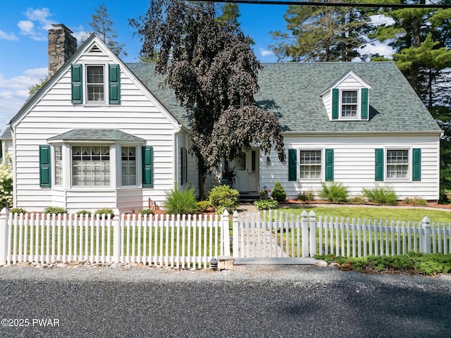 view of front of home featuring roof with shingles, a chimney, and a front lawn