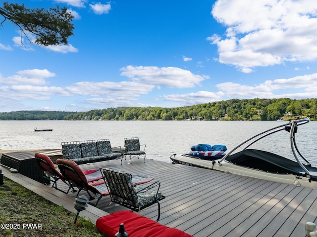 dock area with a view of trees and a water view