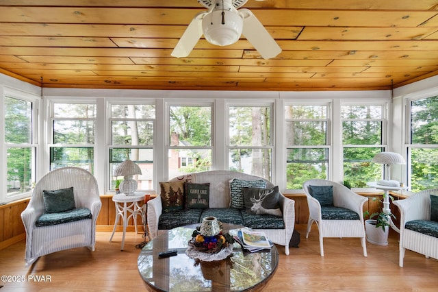 sunroom / solarium with wood ceiling, ceiling fan, and wood finished floors