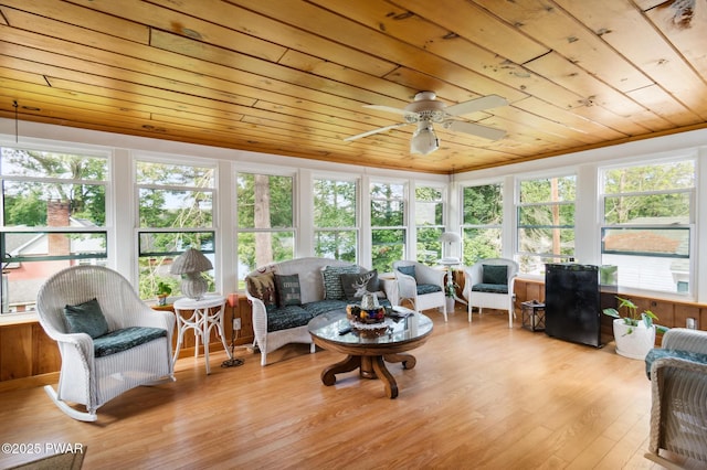 sunroom / solarium featuring a wooden deck, wood ceiling, and wood finished floors