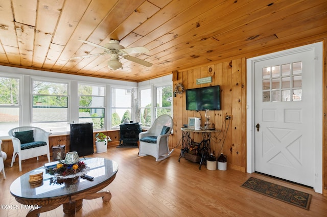 living room with plenty of natural light, a wood stove, and light wood-style flooring