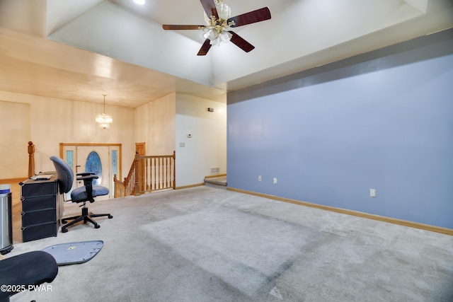 3122 Sparrow Ct, East Stroudsburg, PA 18302 - home office with carpet, a ceiling fan, lofted ceiling, and a chandelier