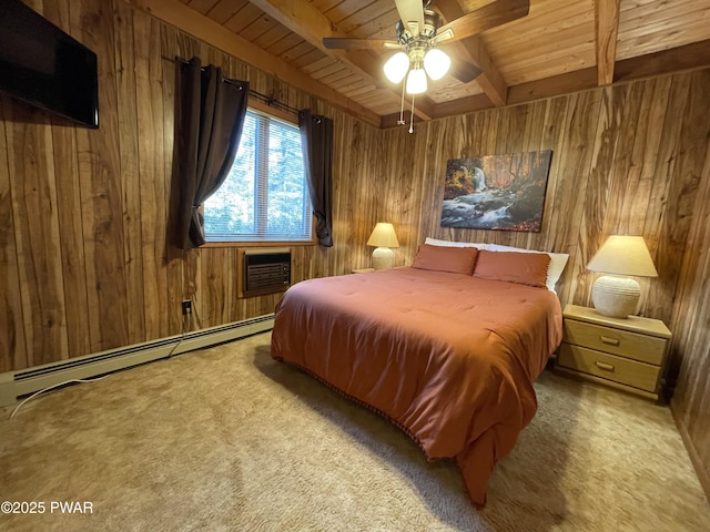 carpeted bedroom with wood walls, beamed ceiling, a baseboard radiator, ceiling fan, and a wall unit AC