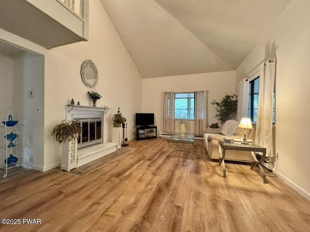 235 Falling Waters Blvd, Lackawaxen, PA 18435 - living room with a glass covered fireplace, wood finished floors, and high vaulted ceiling