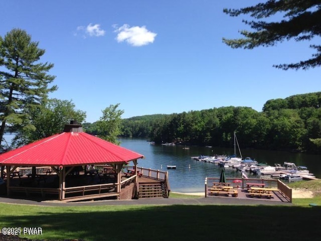 130 Grasshopper Ln, Greentown, PA 18426 - dock with a view of trees, a water view, a gazebo, and a lawn