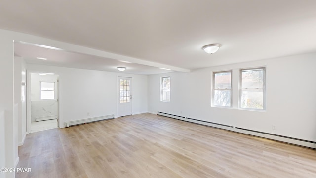 empty room with baseboard heating and light hardwood / wood-style flooring