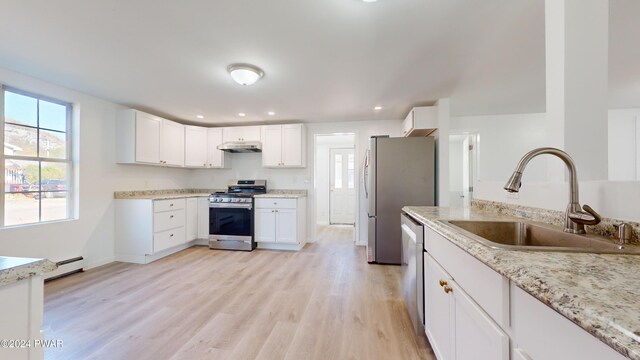 kitchen with white cabinets, light wood-type flooring, sink, and appliances with stainless steel finishes