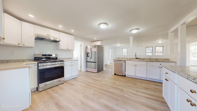 kitchen featuring sink, light hardwood / wood-style flooring, light stone countertops, appliances with stainless steel finishes, and white cabinetry