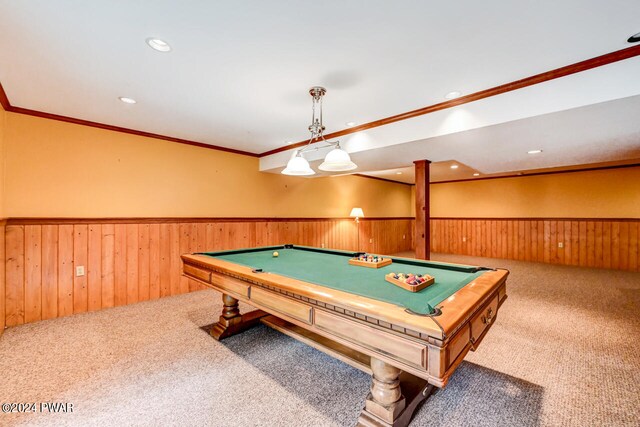 game room featuring carpet, ornamental molding, and billiards