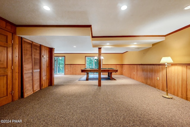 recreation room featuring carpet flooring, ornamental molding, and pool table