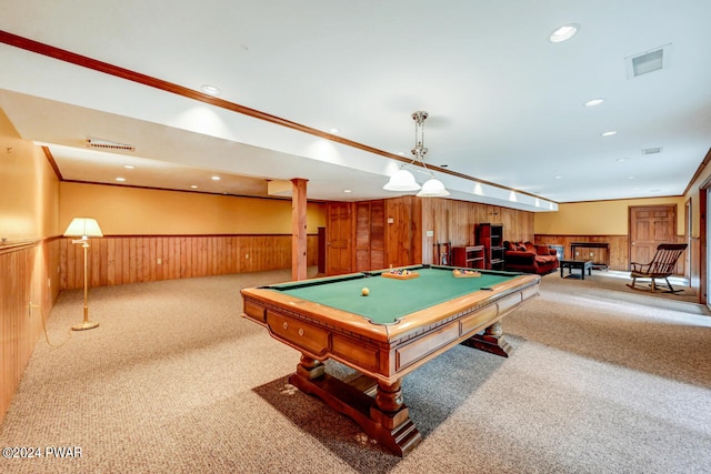 playroom featuring carpet flooring, crown molding, and pool table