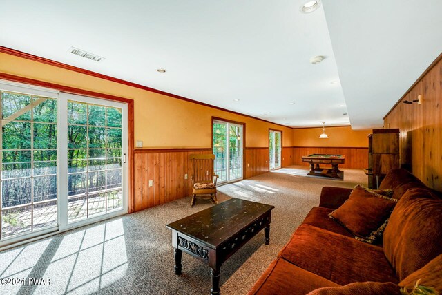 living room featuring wooden walls, carpet, ornamental molding, and billiards