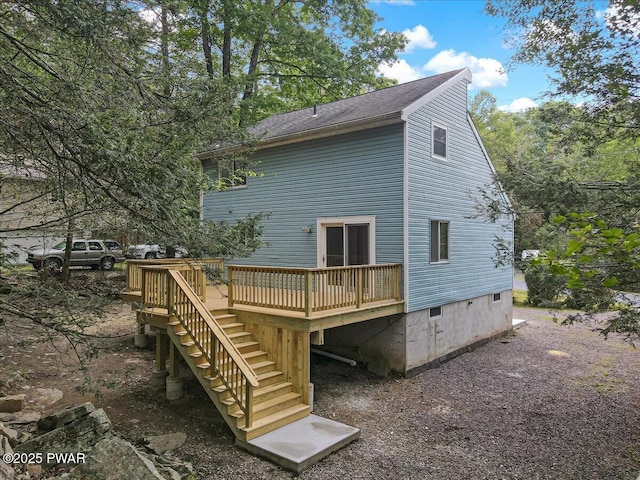 1180 Wallenpaupack Dr, Lake Ariel, PA 18436 - rear view of house with stairs, a wooden deck, and roof with shingles