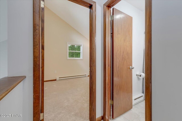 1180 Wallenpaupack Dr, Lake Ariel, PA 18436 - hall featuring baseboard heating, carpet floors, and lofted ceiling