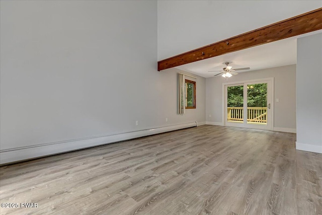 1180 Wallenpaupack Dr, Lake Ariel, PA 18436 - spare room with beamed ceiling, light wood-style floors, a ceiling fan, and a baseboard heating unit