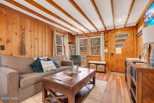 91 Bruin Rd, Lake Ariel, PA 18436 - living area with a wood stove, wood walls, and light wood-style floors