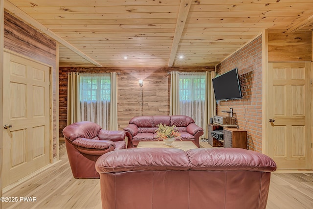 2106 Blueberry Ct, Bushkill, PA 18324 - living area with wood ceiling, light wood-style flooring, and wooden walls