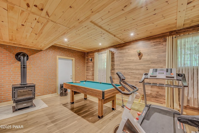 2106 Blueberry Ct, Bushkill, PA 18324 - rec room with wooden ceiling, pool table, light wood finished floors, a wood stove, and wood walls