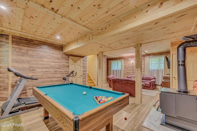 2106 Blueberry Ct, Bushkill, PA 18324 - rec room with wooden walls, wood ceiling, light wood-style flooring, and pool table