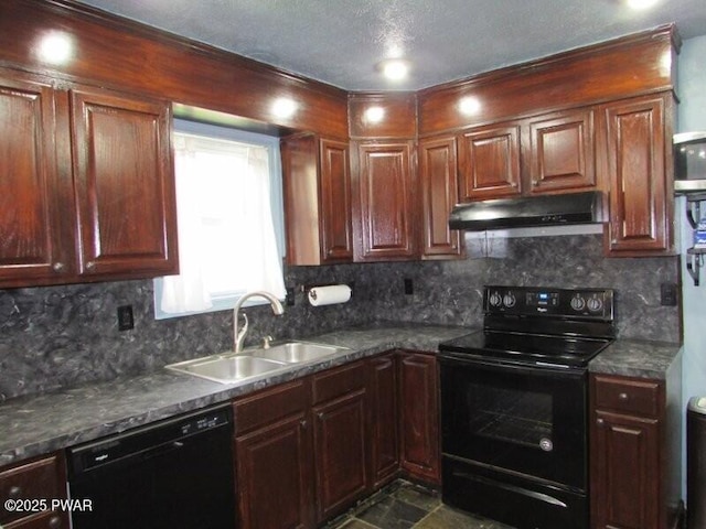 102 Yvonne Ct, Dingmans Ferry, PA 18328 - kitchen with dark countertops, a sink, backsplash, under cabinet range hood, and black appliances