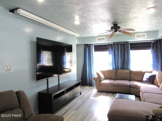 102 Yvonne Ct, Dingmans Ferry, PA 18328 - living area featuring visible vents, a textured ceiling, ceiling fan, and wood finished floors