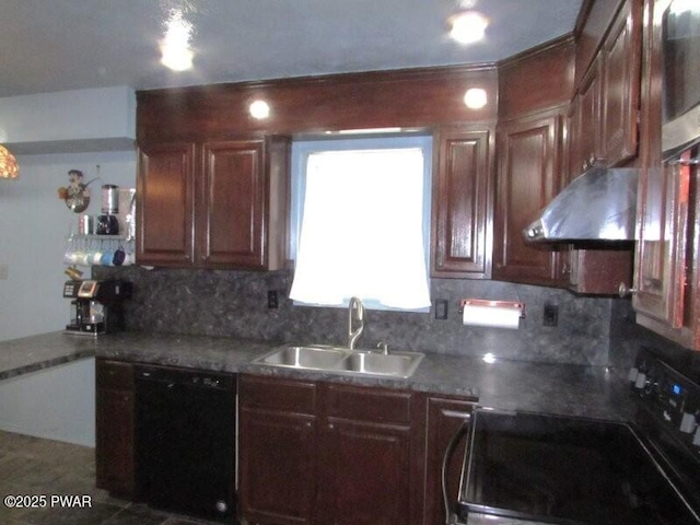 102 Yvonne Ct, Dingmans Ferry, PA 18328 - kitchen with a sink, decorative backsplash, range hood, and black appliances
