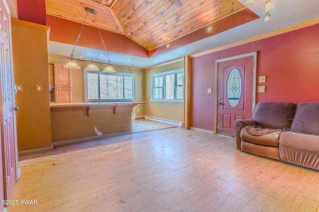 living room featuring lofted ceiling, wooden ceiling, a baseboard heating unit, wood finished floors, and baseboards