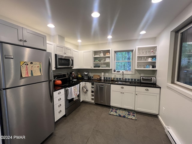 kitchen with sink, stainless steel appliances, white cabinetry, and a baseboard heating unit