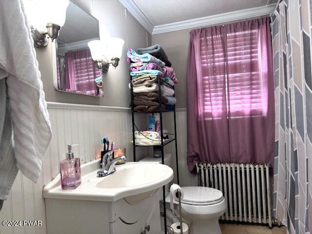 bathroom featuring radiator heating unit, ornamental molding, toilet, vanity, and a shower with shower curtain