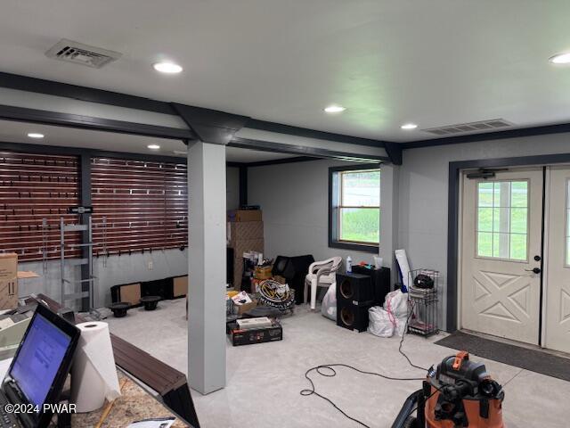 basement featuring light colored carpet and plenty of natural light