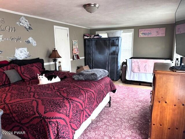 carpeted bedroom featuring a textured ceiling and ornamental molding