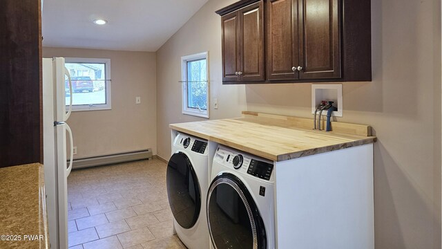 kitchen featuring wooden counters, dark brown cabinets, white appliances, ceiling fan, and lofted ceiling