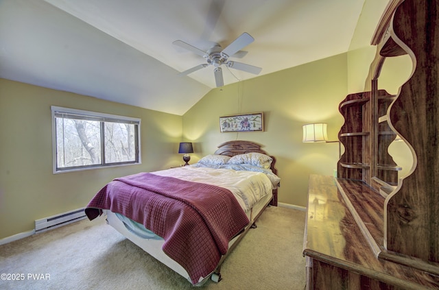 carpeted bedroom with baseboard heating, a ceiling fan, baseboards, and lofted ceiling