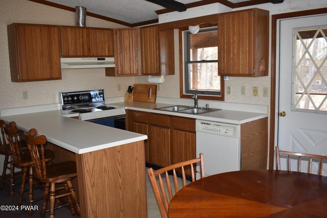 kitchen featuring kitchen peninsula, white dishwasher, vaulted ceiling, sink, and electric stove